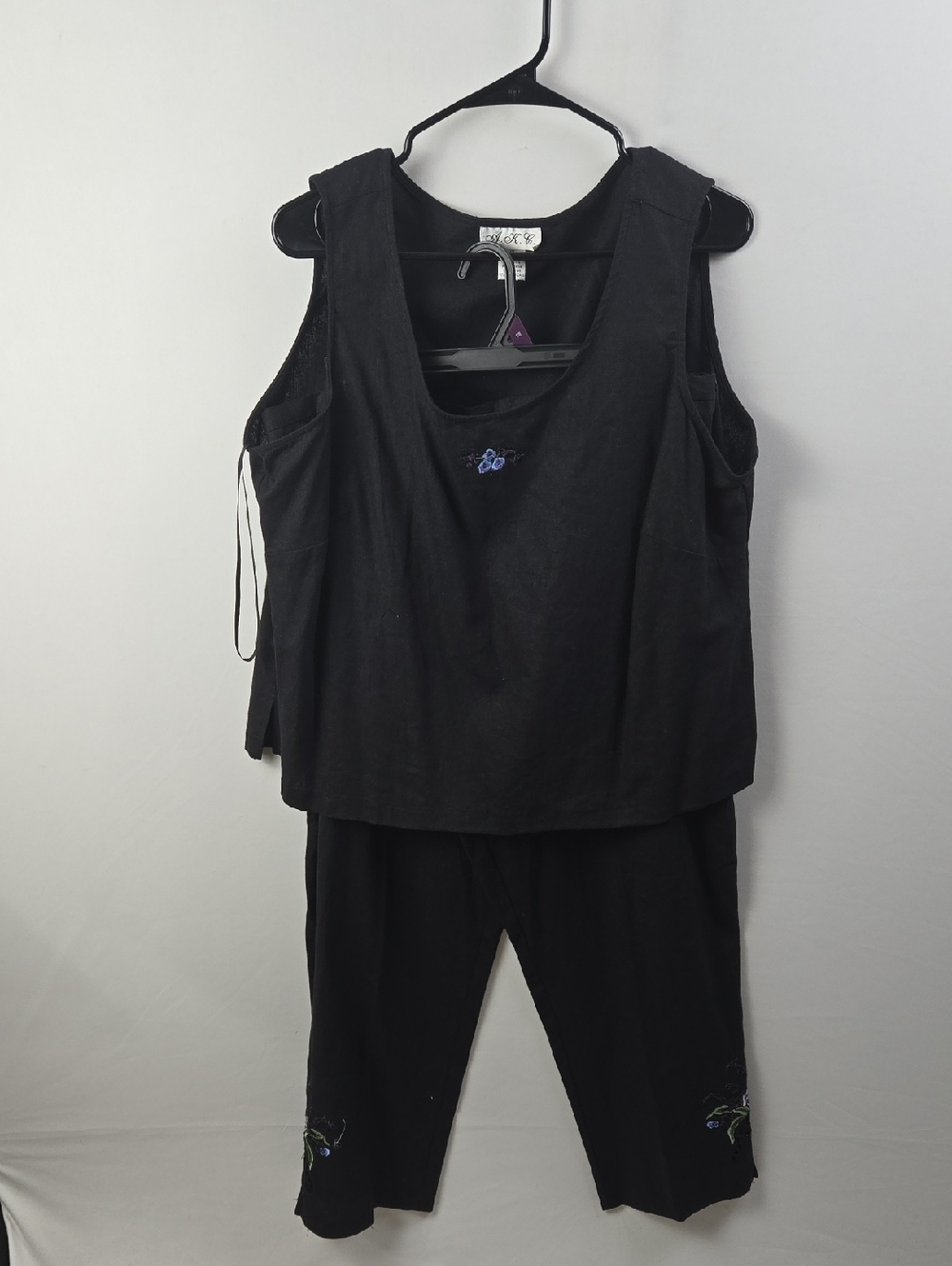 AKL Linen Blend Black Two-Piece Embroidered Tank and Pants Set Sz 1X Cottagecore